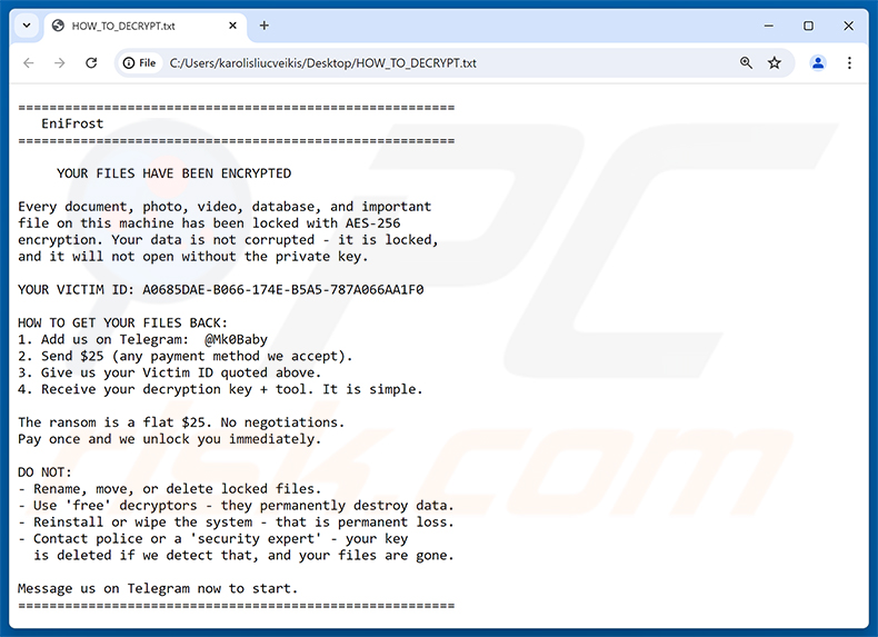 Richiesta di riscatto del ransomware EniFrost (HOW_TO_DECRYPT.txt)
