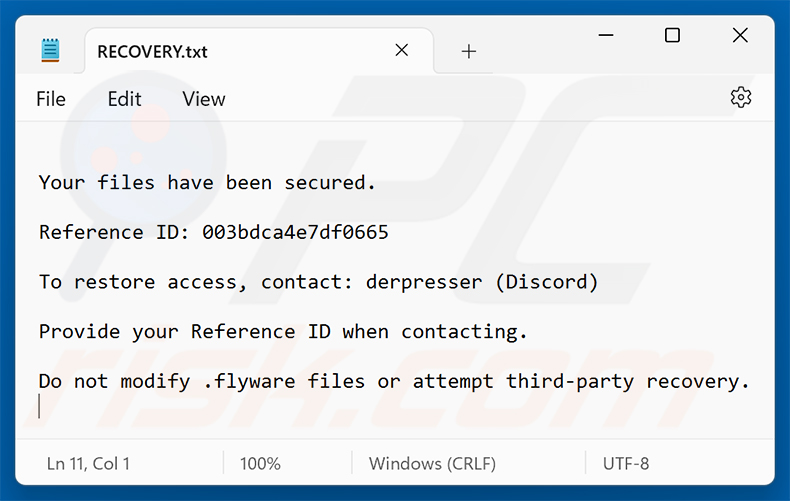 Richiesta di riscatto del ransomware Flyware (RECOVERY.txt)