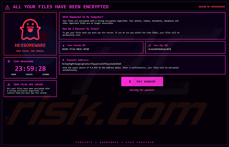 Pop-up a schermo intero del ransomware Hexsomeware