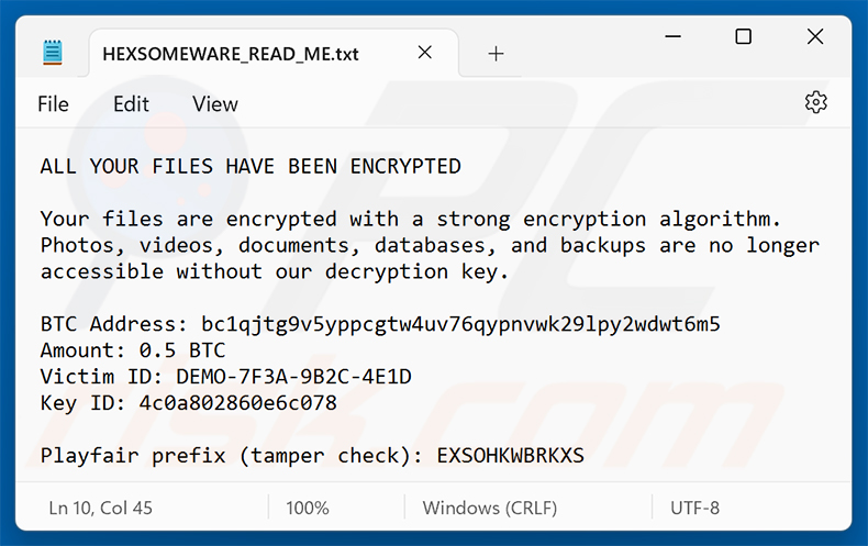 File di testo del ransomware Hexsomeware (HEXSOMEWARE_READ_ME.txt)