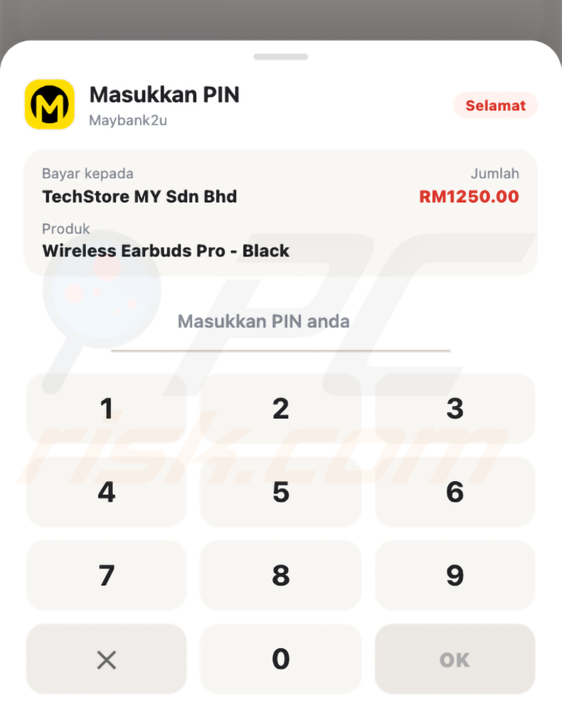 Pagina overlay di pagamento falsa di Hirudo con il marchio Maybank