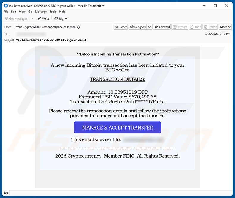 Incoming Bitcoin Transaction truffa via email campagna di spam via email