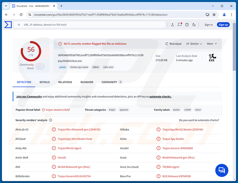 Rilevamenti del malware Lunex Stealer su VirusTotal