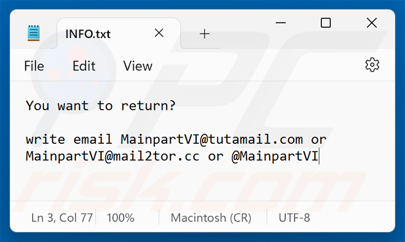 Richiesta di riscatto del ransomware MAIN (INFO.txt)