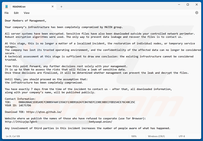 Richiesta di riscatto del ransomware MAJIN (README.txt)
