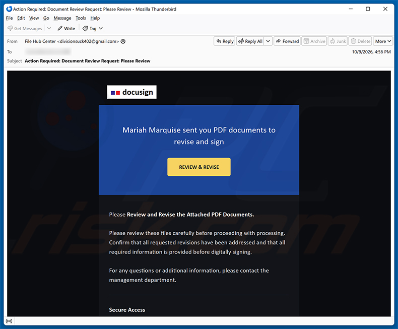 Campagna di spam via email PDF Documents To Review And Sign