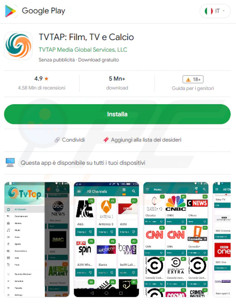 Falsa pagina del Google Play Store che impersona TVTap utilizzata per distribuire il trojan bancario RemControl
