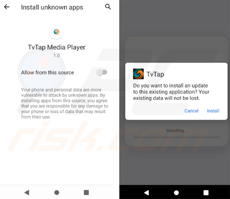 Falsa schermata di aggiornamento di TVTap mostrata dal dropper del trojan bancario RemControl