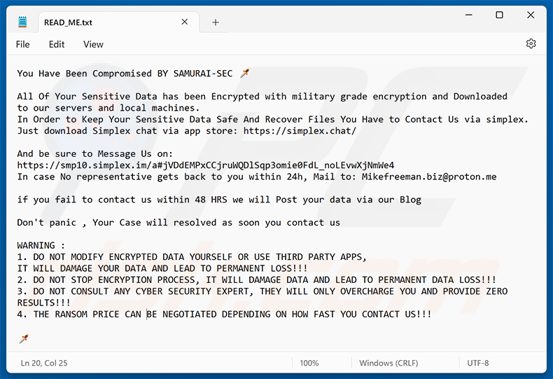 Richiesta di riscatto del ransomware SAMURAI-SEC (READ_ME.txt)