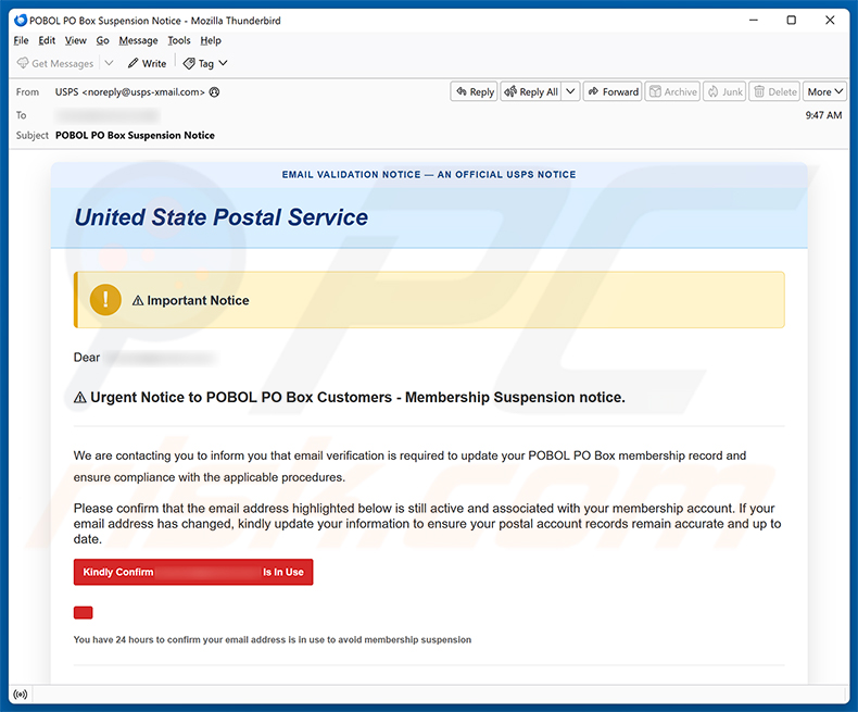 USPS POBOL Membership Suspension Notice truffa via email campagna di spam via email
