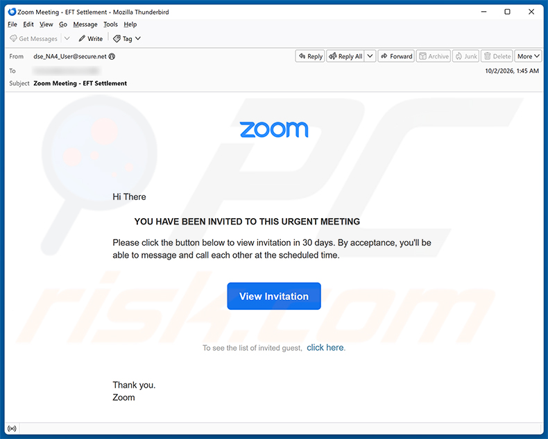 Campagna di spam via email Zoom Meeting Invitation Email Virus