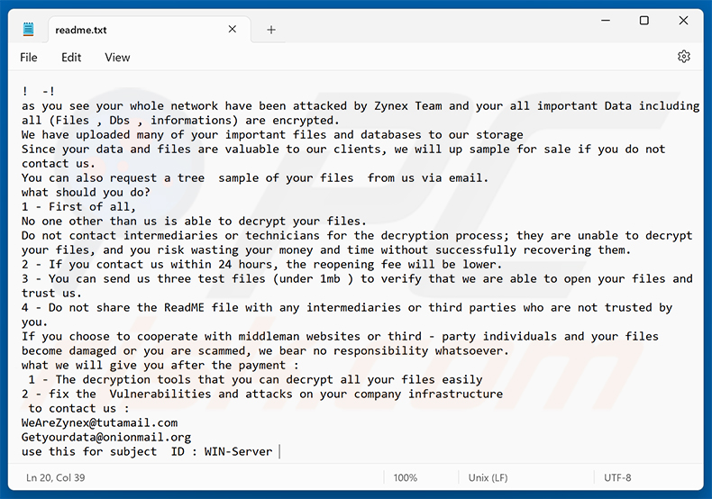 Richiesta di riscatto del ransomware Zynex (readme.txt)