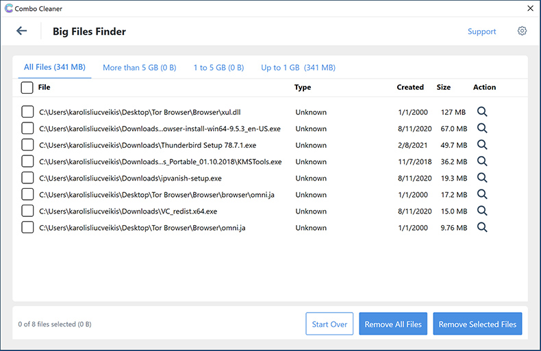 Combo Cleaner per Windows - Scopritore di file di grandi dimensioni