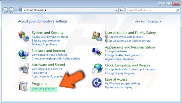 Pannello di controllo di Windows 7: disinstalla un programma