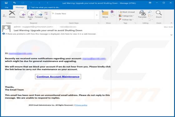 Last Warning: Upgrade Your Email To Avoid Shutting Down Email Truffa