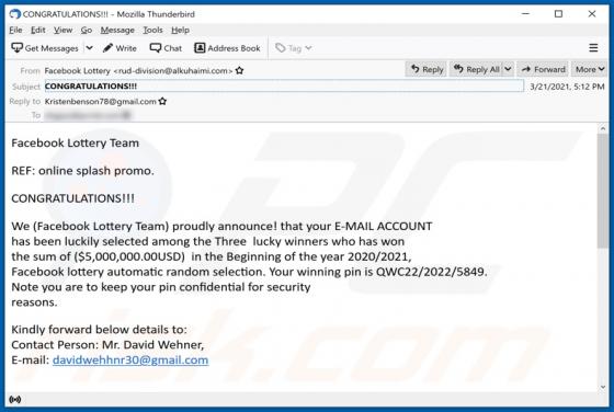 Facebook Lottery Email Truffa