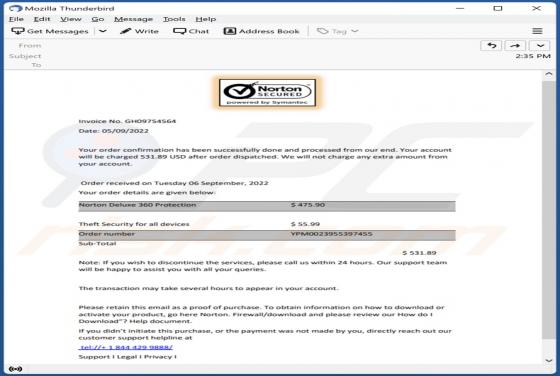 Norton Order Confirmation Email truffa