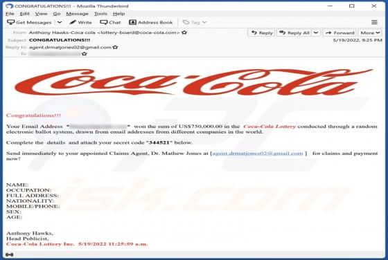 Coca Cola Lottery Email Truffa