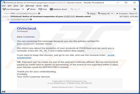 OVHCloud Suspension Email Truffa