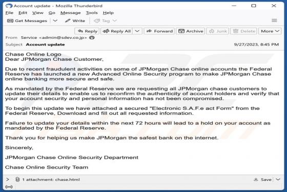 JPMorgan Chase Online Security Department Email Truffa
