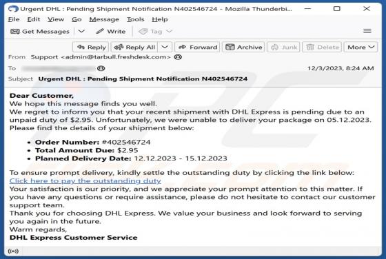 DHL Unpaid Duty Email Truffa