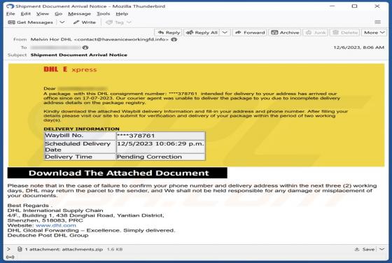 DHL Express - Incomplete Delivery Address Email Truffa
