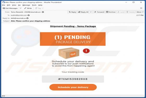 Temu - Pending Package Delivery Email Truffa
