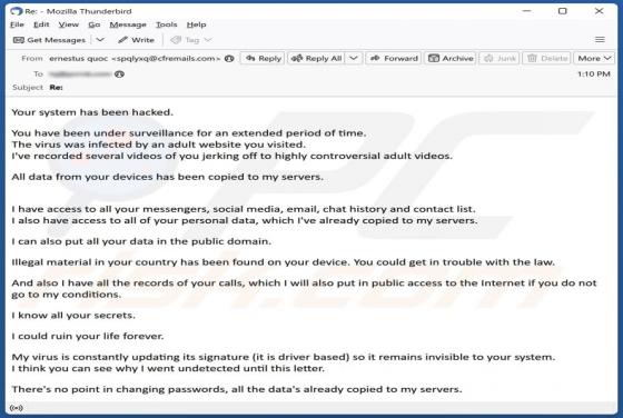 You Have Been Under Surveillance Email Truffa