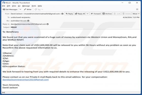 Claim Sum Release Email Truffa