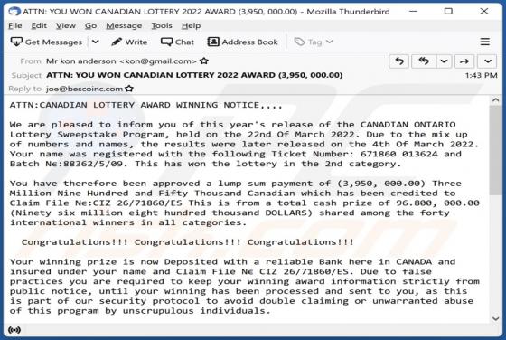 CANADIAN LOTTERY Email Truffa