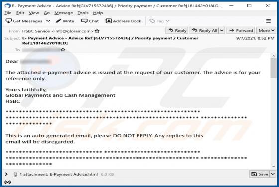 HSBC E-Payment Advice Email Truffa