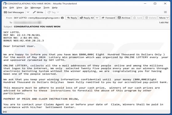 SKY LOTTO Email Truffa