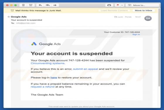 Google Ads - Your Account Is Suspended Email Truffa