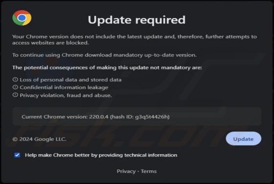 Your Chrome Version Does Not Include The Latest Update POP-UP Truffa