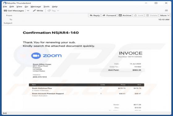 Zoom Antivirus Plus Subscription Email Truffa