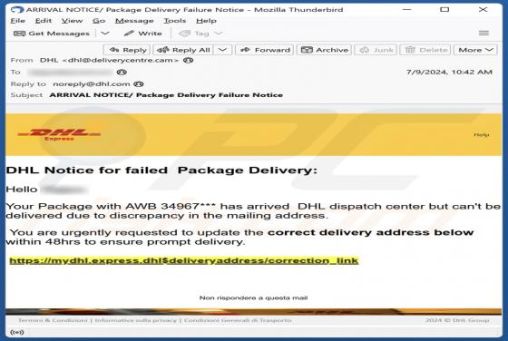 DHL - Notice For Failed Package Delivery Email Truffa