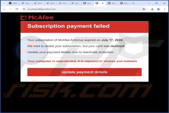 McAfee - Subscription Payment Failed POP-UP Truffa