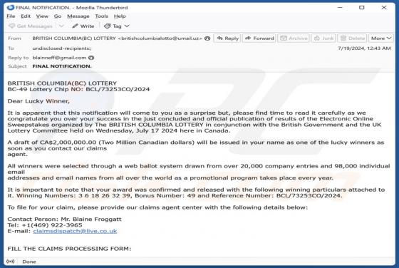 British Columbia Lottery Email Truffa