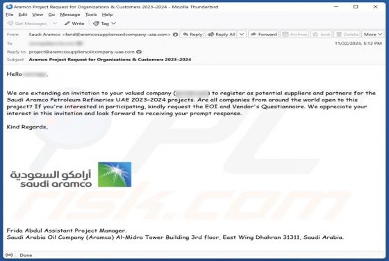 Saudi Aramco Email Truffa