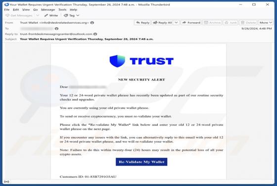 Trust Wallet - New Security Alert Email Truffa