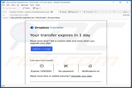 Dropbox - Your Transfer Expires Email Truffa