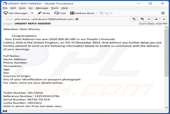 People's Postcode Lottery Email Truffa