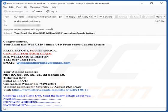 Yahoo Canada Lottery Email Truffa