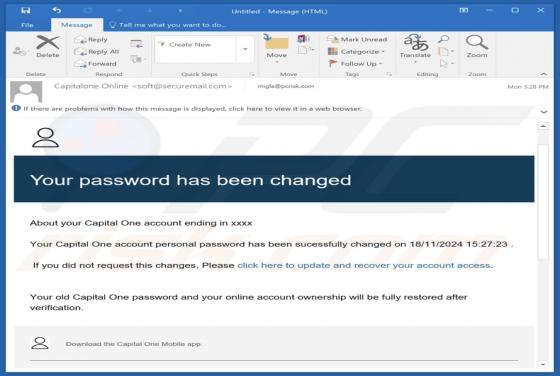 Capital One - Your Password Has Been Changed Email Truffa