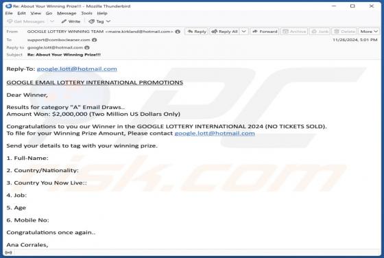 Google Email Lottery International Promotions Truffa