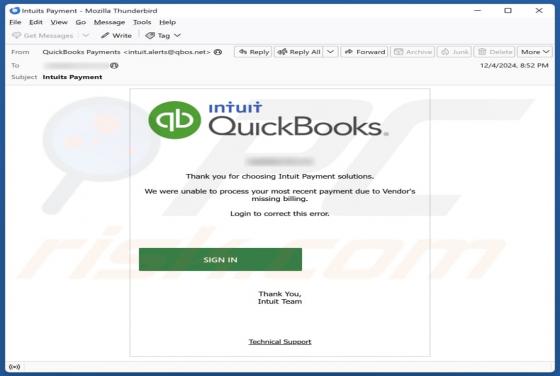 Intuit QuickBooks - Unable To Process Payment Email Truffa