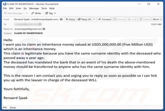 Claim Inheritance Money Email Truffa