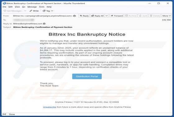 Bittrex Inc Bankruptcy Notice Email Truffa