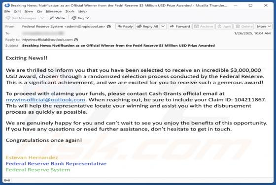 Federal Reserve Award Email Truffa