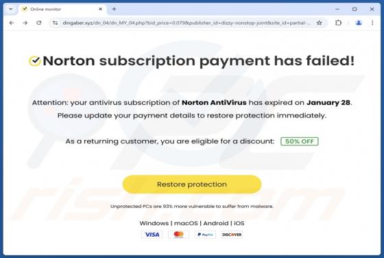 Norton Subscription Payment Has Failed POP-UP Truffa